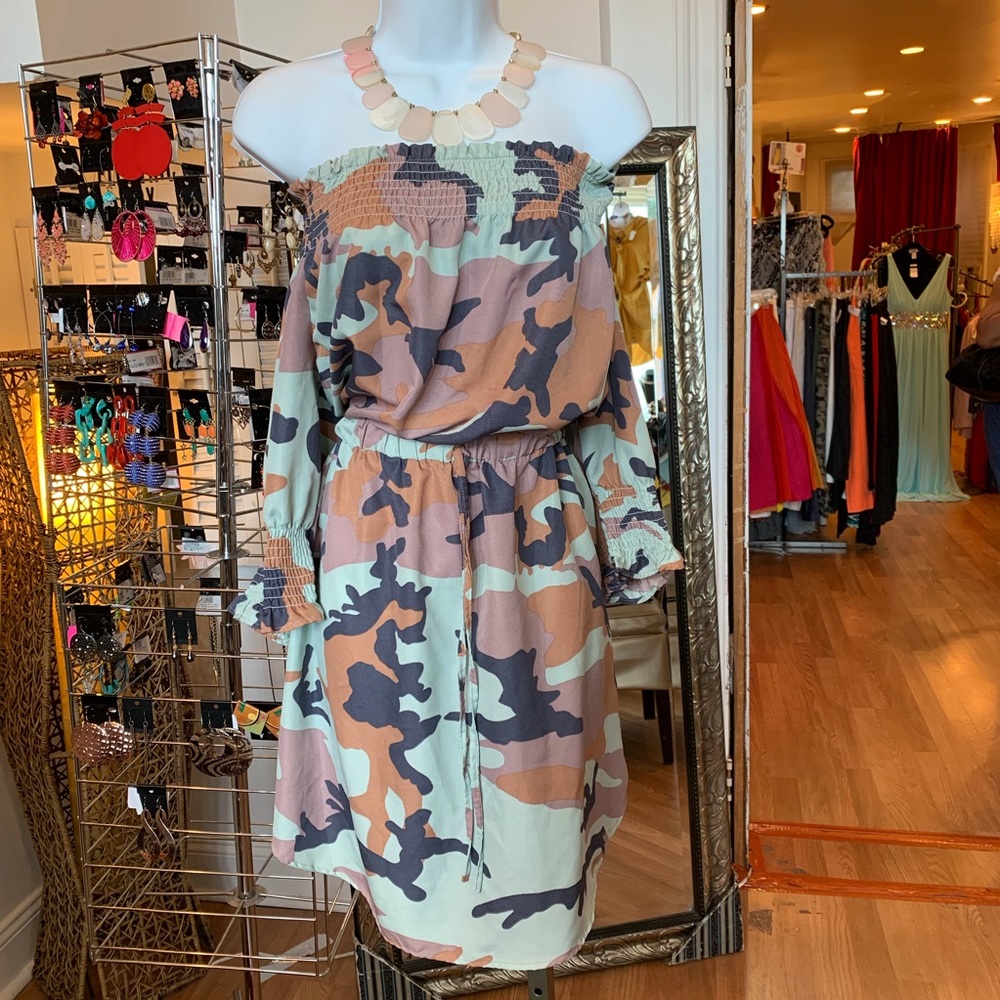 Curvy girl camo off the shoulder khaki dress